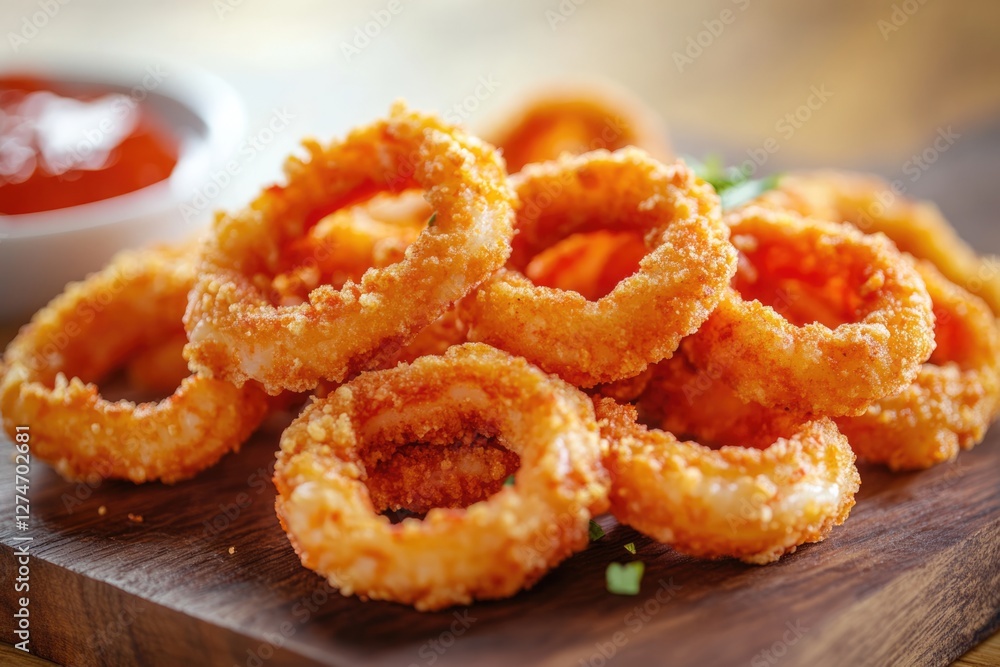 Crispy Fried Onion Rings with Spicy Dip - Close-up View Crispy Fried Onion Rings with Spicy Dip - Close-up View