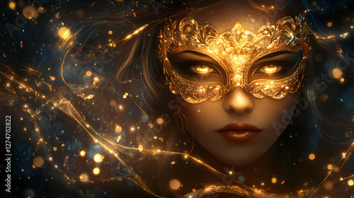 Wallpaper Mural A mysterious woman with an ornate golden mask glows against a dark, shimmering background, exuding elegance. Glowing Ethereal Masks. Illustration Torontodigital.ca