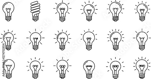 Light bulb idea line icons. Vector electric energy lamps and lightbulbs isolated outline symbols for creative solution, idea, innovation and inspiration concept. Thin line glowing light bulbs signs