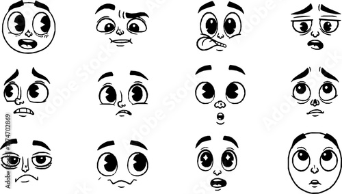 Cartoon funny comic groovy face emotion and retro cute emoji characters. Happy smiling faces of vintage animation vector personages with quirky eyes and mouths, hearts, teasing tongues and mustache