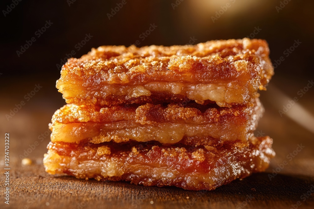 Crispy Fried Pork Belly Slices: Close-up of golden-brown, glistening, stacked pieces on a dark wooden surface. Crispy Fried Pork Belly Slices: Close-up of golden-brown, glistening, stacked pieces on a dark wooden surface.