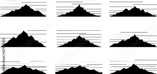 Mountain, hill and rock black silhouettes, vector rocky valley landscape shapes. Mount peak or canyon range and alpine valley hills silhouette icons for hiking, camping or climbing sport and travel