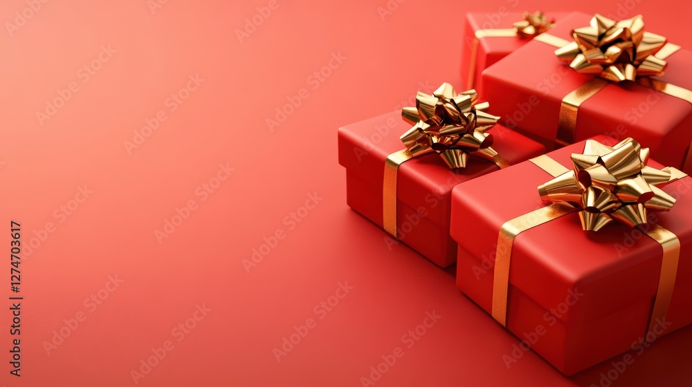 Red Gift Boxes With Gold Bows On Red Background Red Gift Boxes With Gold Bows On Red Background