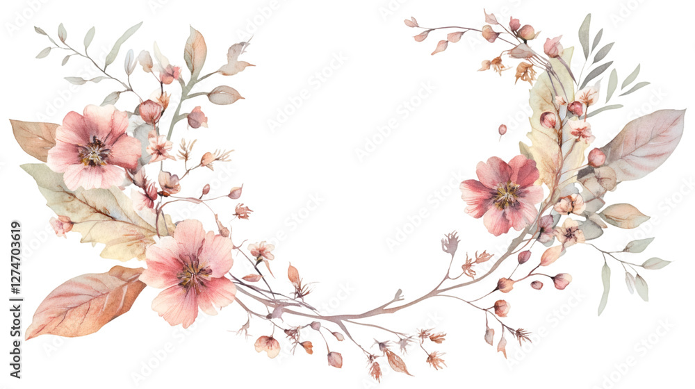 Soft pink blossoms intertwining, forming graceful floral wreath with open oval center on transparent backdrop for customizable design placement Soft pink blossoms intertwining, forming graceful floral wreath with open oval center on transparent backdrop for customizable design placement