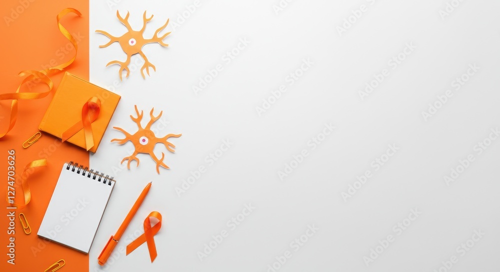 Obraz premium Orange ribbons, pen, notepad, and neuron structure representing Multiple Sclerosis Awareness