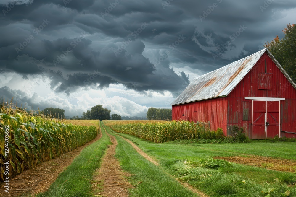 Obraz premium Farm landscape with dramatic clouds and rain approaching while horses graze in the field during late afternoon