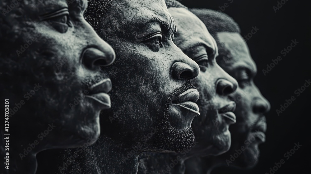 Side profile of four men in stone sculptures with intense expressions in dim light Side profile of four men in stone sculptures with intense expressions in dim light