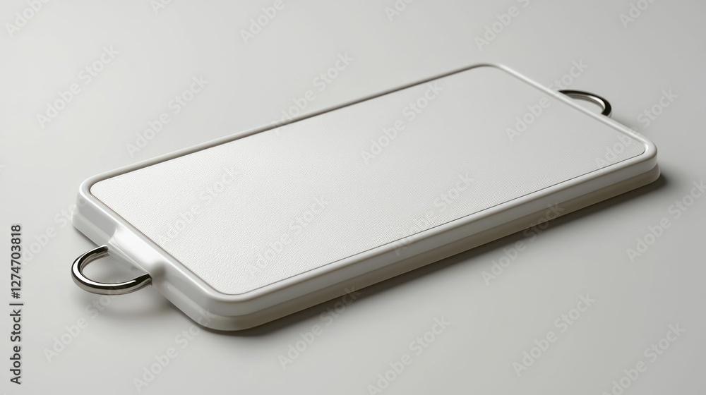 White rectangular cutting board, handles, kitchen surface. Use food prep, cooking, advertising White rectangular cutting board, handles, kitchen surface. Use food prep, cooking, advertising