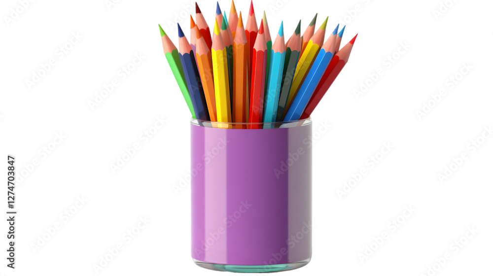 Fototapeta premium A collection of multicolored wooden pencils arranged in a stylish purple pencil holder, isolated on a white background.