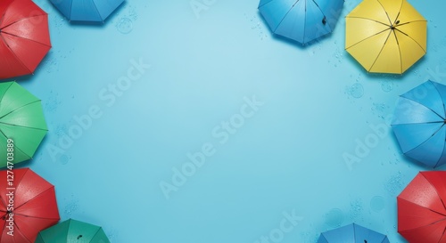 Colorful umbrellas forming circular border on blue background