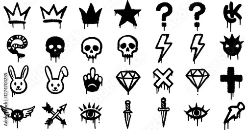 Graffiti grunge spray paint, street ink art. Vector skull, crown, dead smile emoji and peace symbol spray paint and ink graffiti. Hand drawn arrow, winged heart, eye and arrow grunge street art