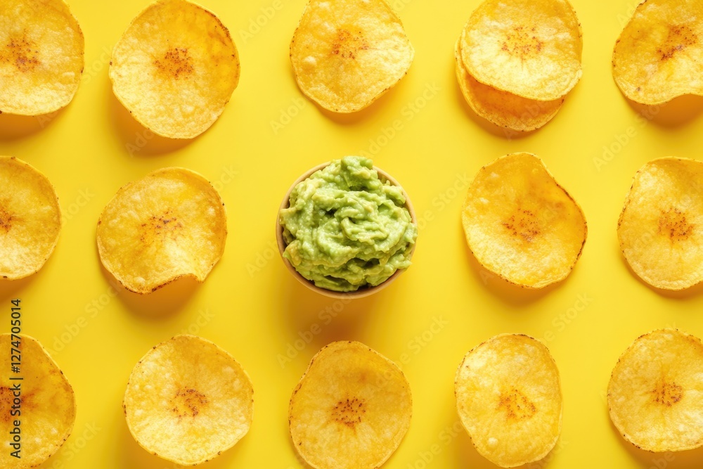 Crispy Potato Chips with Creamy Guacamole Dip on Yellow Background Crispy Potato Chips with Creamy Guacamole Dip on Yellow Background
