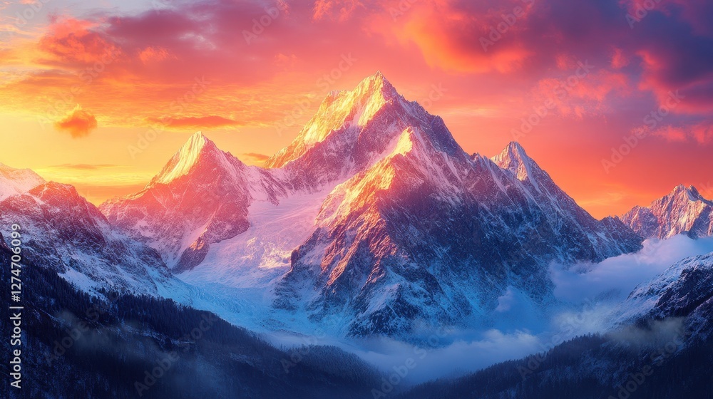 Majestic snow-covered mountain range at sunset with vibrant sky and clouds Majestic snow-covered mountain range at sunset with vibrant sky and clouds