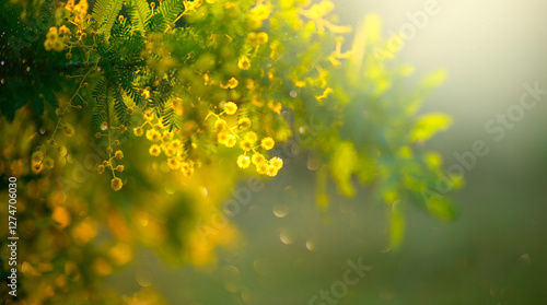 Mimosa Spring Flowers Easter background. Holiday backdrop, border art design....