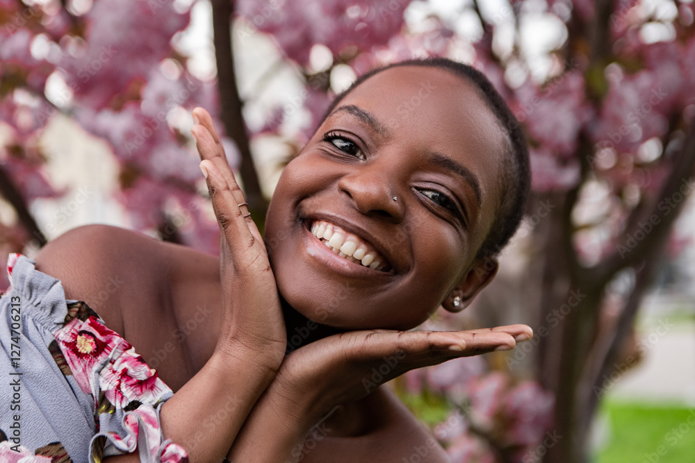Beautiful young black woman smiling joyfully while holding her face with her hands, surrounded by a blooming flowering tree, radiating happiness in a vibrant outdoor setting. Japanese Sakura Flower Beautiful young black woman smiling joyfully while holding her face with her hands, surrounded by a blooming flowering tree, radiating happiness in a vibrant outdoor setting. Japanese Sakura Flower