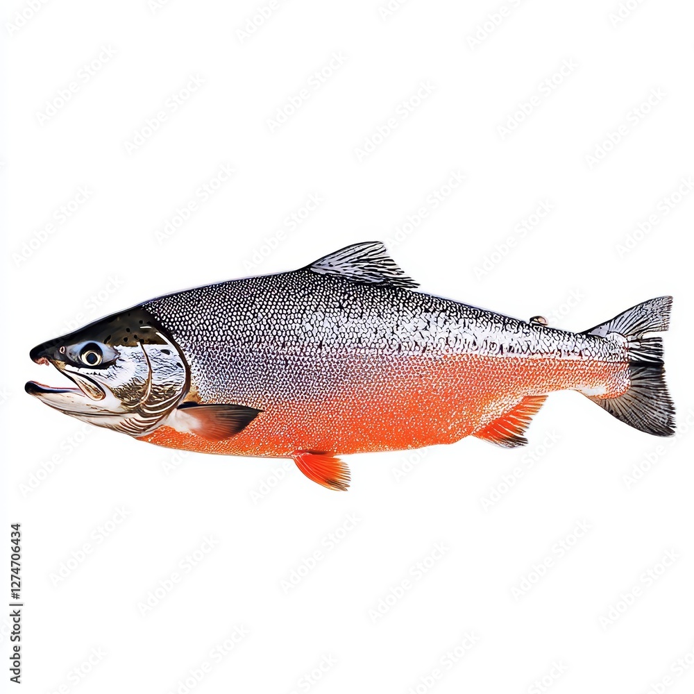 Obraz premium A fresh salmon fish, isolated on a white background, showcasing its sleek body and vibrant pink-orange color, emphasizing the quality and freshness of this popular seafood.