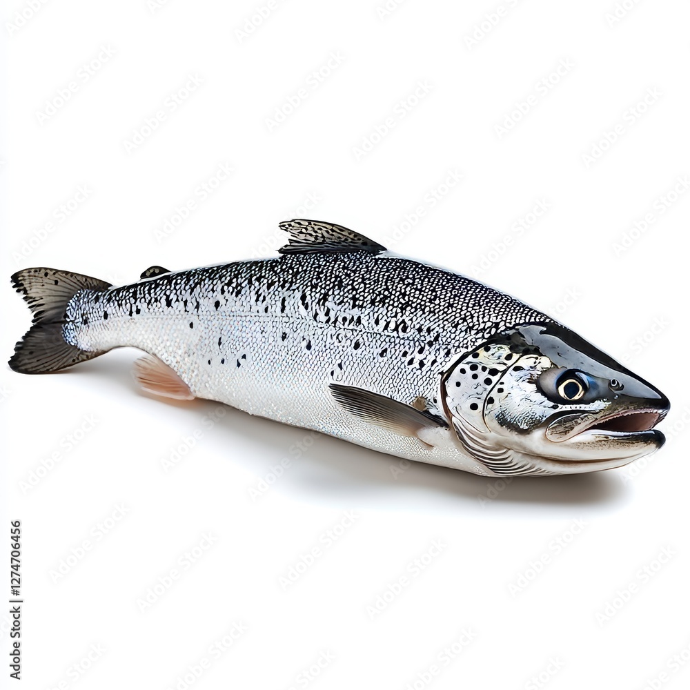Naklejka premium A fresh salmon fish, isolated on a white background, showcasing its sleek body and vibrant pink-orange color, emphasizing the quality and freshness of this popular seafood.
