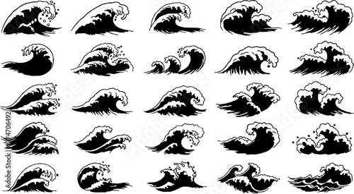Asian japanese or chinese sea waves, vector oriental art. Vintage asian waves with ocean and sea water flow texture. Blue line splashes and tsunami surf with water swirls and ripples pattern