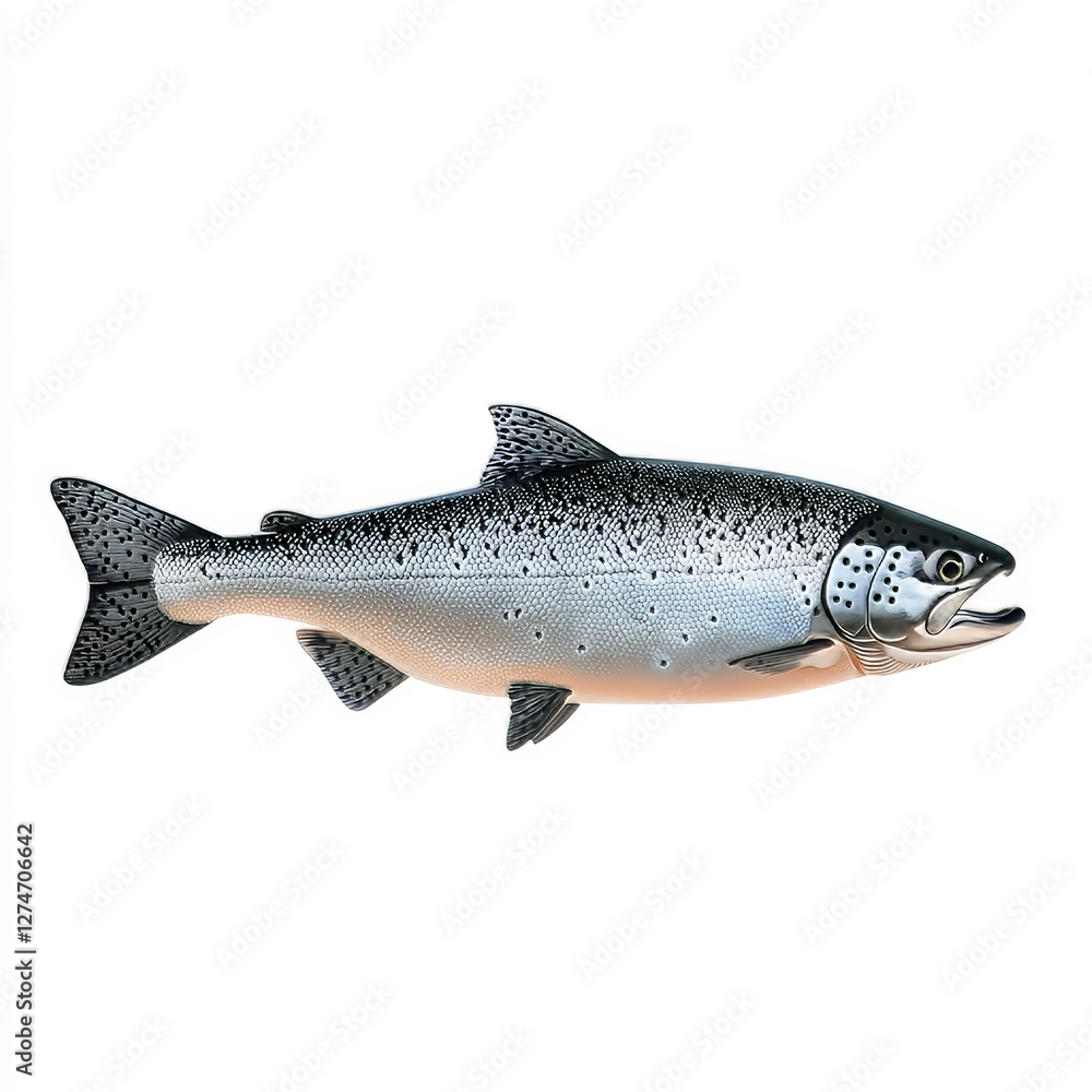 Naklejka premium A fresh salmon fish, isolated on a white background, showcasing its sleek body and vibrant pink-orange color, emphasizing the quality and freshness of this popular seafood.