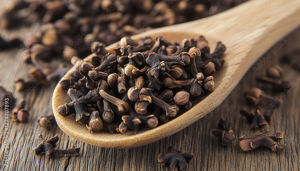Organic cloves (spices) on wooden spoon and rustic background close up Organic cloves (spices) on wooden spoon and rustic background close up