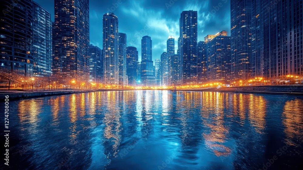 Obraz premium Illuminated city skyline reflecting in a calm river at night with tall buildings