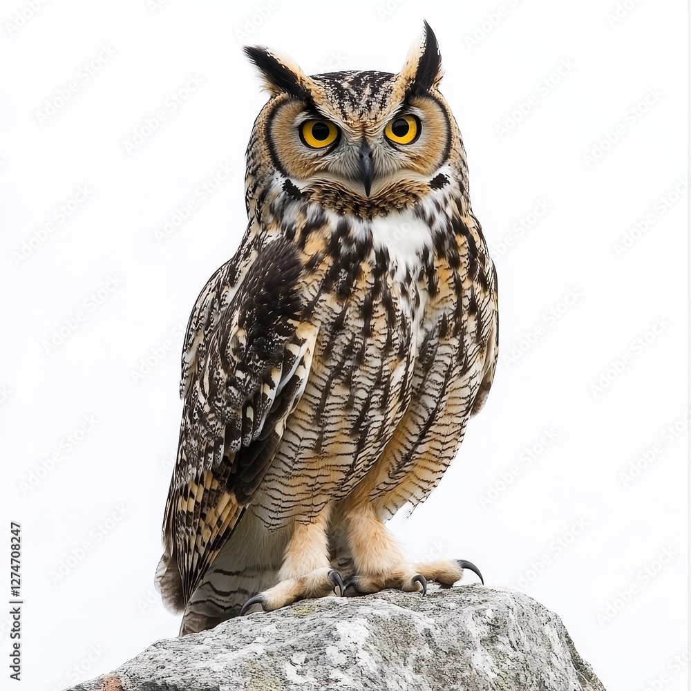 Naklejka premium A close-up of an owl, isolated on a white background, showcasing its intense gaze and detailed feathers, highlighting the beauty of this majestic bird of prey.