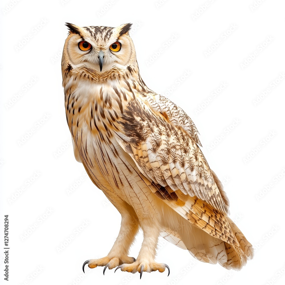Naklejka premium A close-up of an owl, isolated on a white background, showcasing its intense gaze and detailed feathers, highlighting the beauty of this majestic bird of prey.