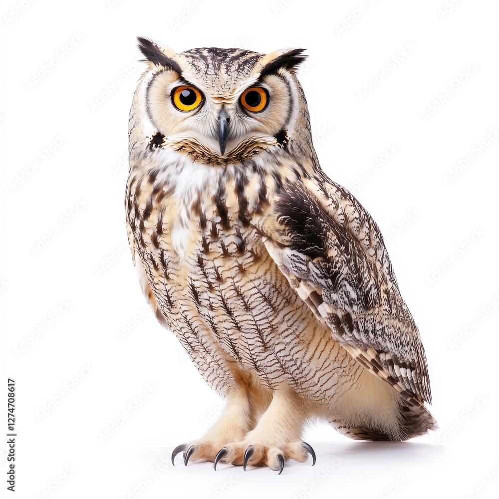Naklejka premium A close-up of an owl, isolated on a white background, showcasing its intense gaze and detailed feathers, highlighting the beauty of this majestic bird of prey.