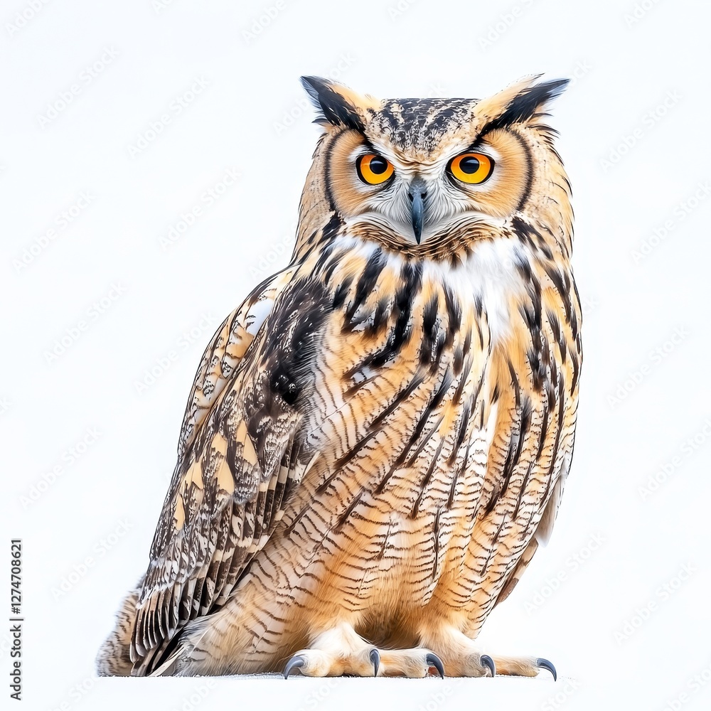 Obraz premium A close-up of an owl, isolated on a white background, showcasing its intense gaze and detailed feathers, highlighting the beauty of this majestic bird of prey.