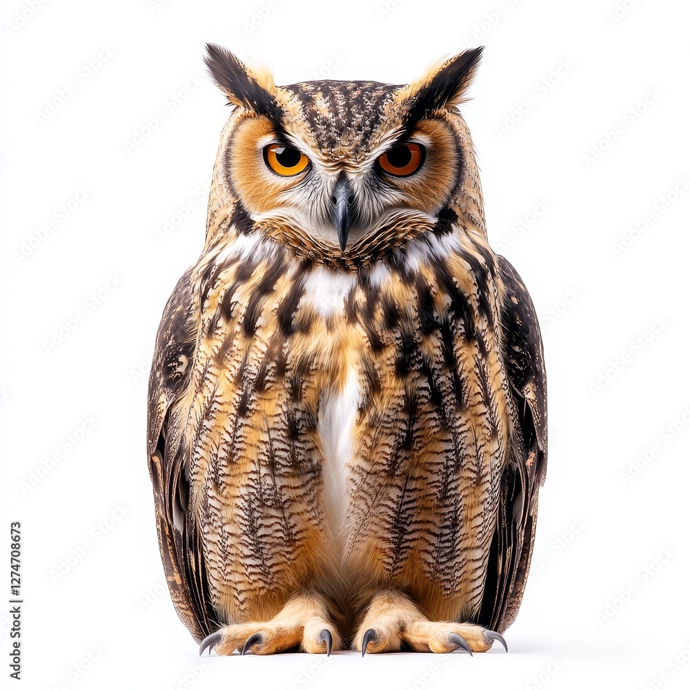 Obraz premium A close-up of an owl, isolated on a white background, showcasing its intense gaze and detailed feathers, highlighting the beauty of this majestic bird of prey.