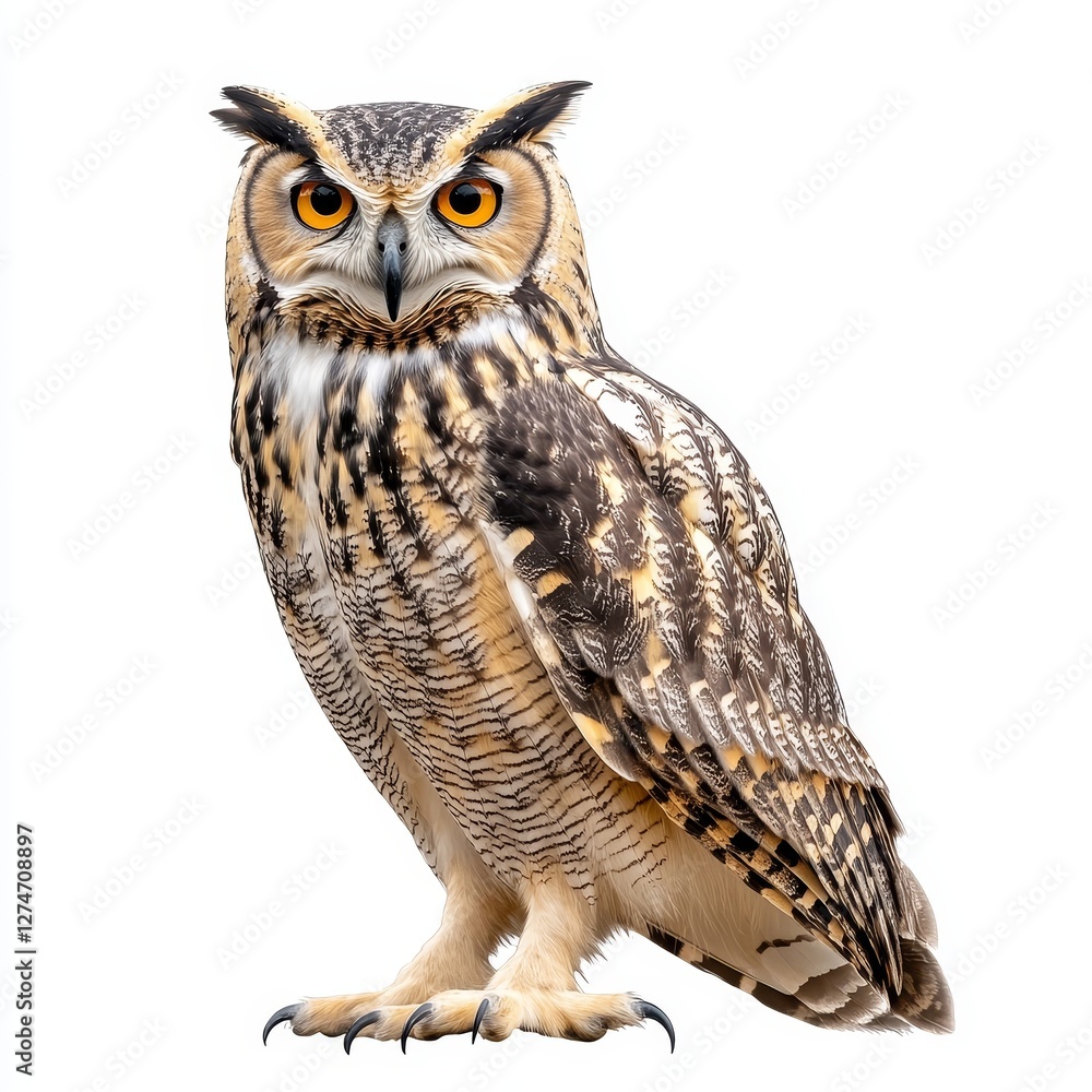 Naklejka premium A close-up of an owl, isolated on a white background, showcasing its intense gaze and detailed feathers, highlighting the beauty of this majestic bird of prey.