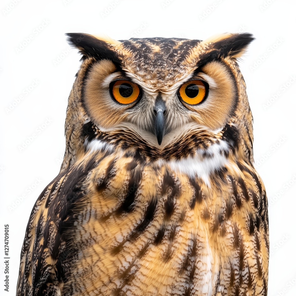 Fototapeta premium A close-up of an owl, isolated on a white background, showcasing its intense gaze and detailed feathers, highlighting the beauty of this majestic bird of prey.