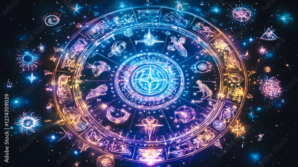 Holographic zodiac symbols arranged in a celestial astrological mandala. Holographic Sacred Symbols. Illustration Holographic zodiac symbols arranged in a celestial astrological mandala. Holographic Sacred Symbols. Illustration