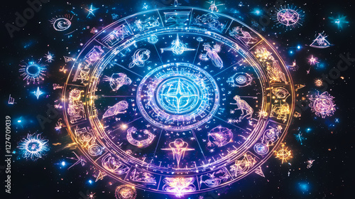 Wallpaper Mural Holographic zodiac symbols arranged in a celestial astrological mandala. Holographic Sacred Symbols. Illustration Torontodigital.ca