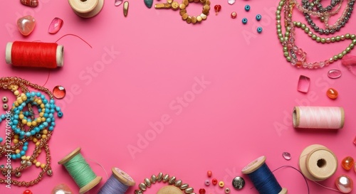 Various colorful beads, threads, and jewelry tools arranged on pink background