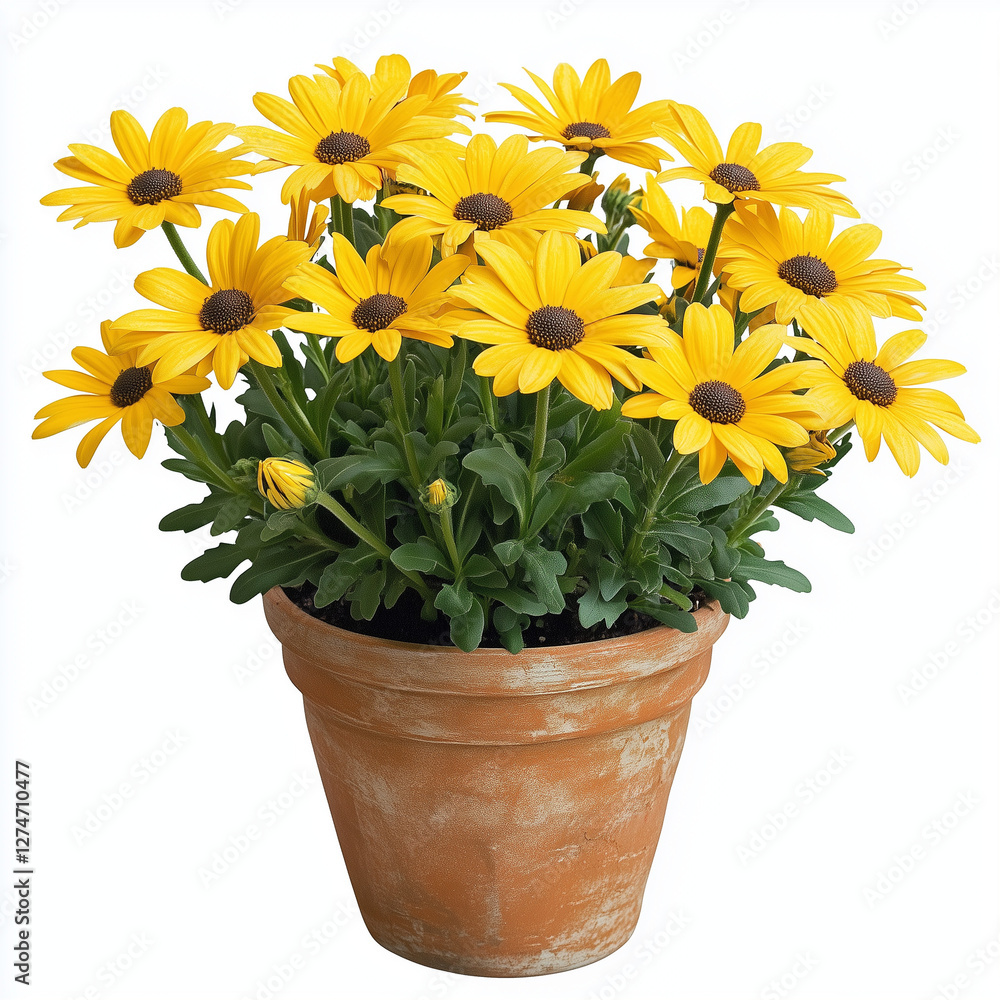 Obraz premium Pot of vibrant yellow daisies on a white background