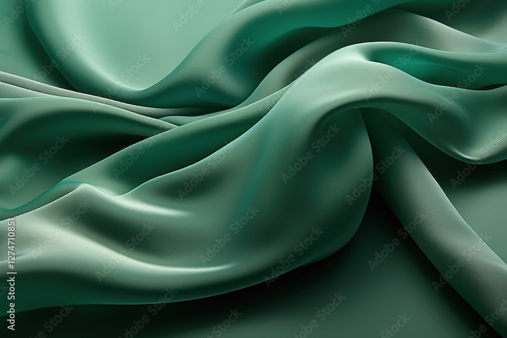 Obraz premium Draped teal silk fabric, elegant waves, studio shot, background blur, textile design