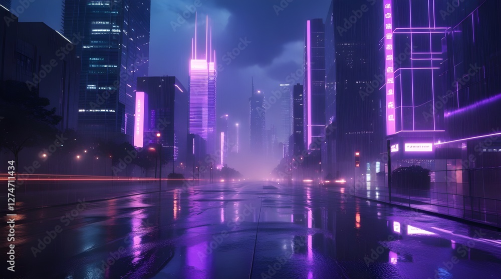 Futuristic Cityscape at Dusk Neon Skyscrapers Reflecting on Rain Soaked Streets Generative AI Art Futuristic Cityscape at Dusk Neon Skyscrapers Reflecting on Rain Soaked Streets Generative AI Art