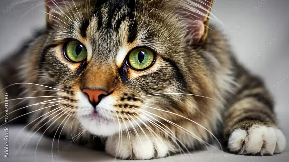 Curious tabby cat closely observes with intense focus and playful anticipation Curious tabby cat closely observes with intense focus and playful anticipation