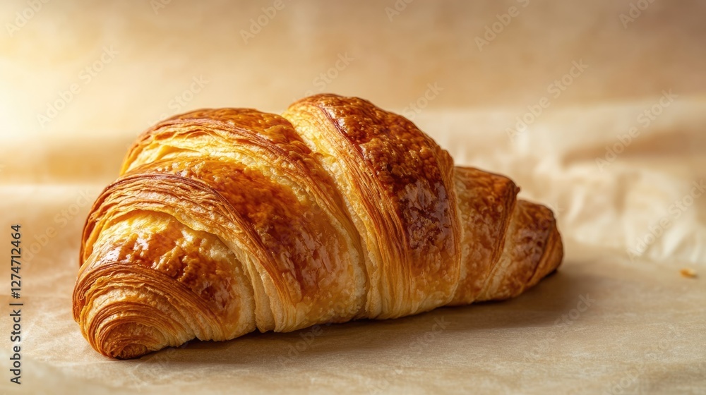 Golden-Brown Croissant on Baking Paper: A Close-Up of Flaky Layers and Rich Texture Golden-Brown Croissant on Baking Paper: A Close-Up of Flaky Layers and Rich Texture
