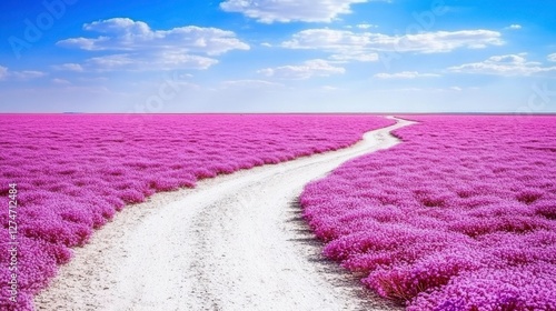 Meandering path through vibrant purple flower fields natural landscape clear blue sky scenic view