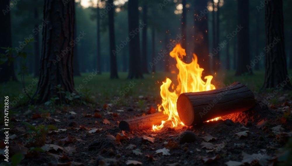 Flames engulfing a wooden log in a darkened forest clearing at dusk, embers, flames Flames engulfing a wooden log in a darkened forest clearing at dusk, embers, flames