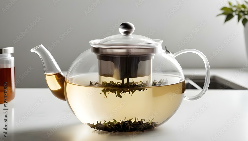 A transparent glass teapot with loose-leaf tea brewing, placed on a sleek white countertop. A transparent glass teapot with loose-leaf tea brewing, placed on a sleek white countertop.