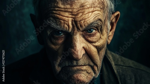 A chilling close-up portrait of an elderly man with an intense, sinister expression, dramatically lit against a dark background