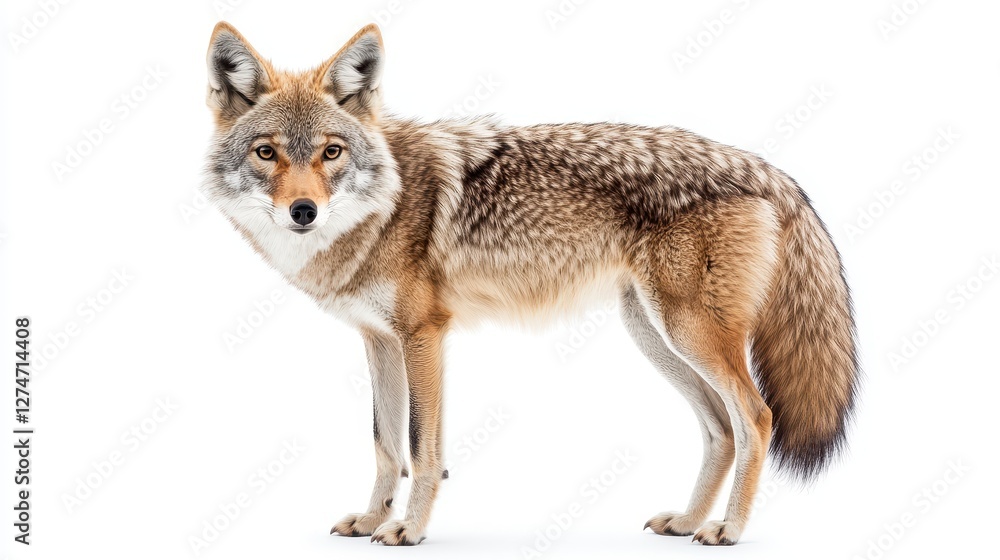 Obraz premium Wild coyote standing alertly on white background, displaying distinctive fur patterns and keen eyes