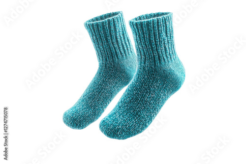 Cozy turquoise knit socks displayed against a bright background for a vibrant winter vibe isolated on transparent background