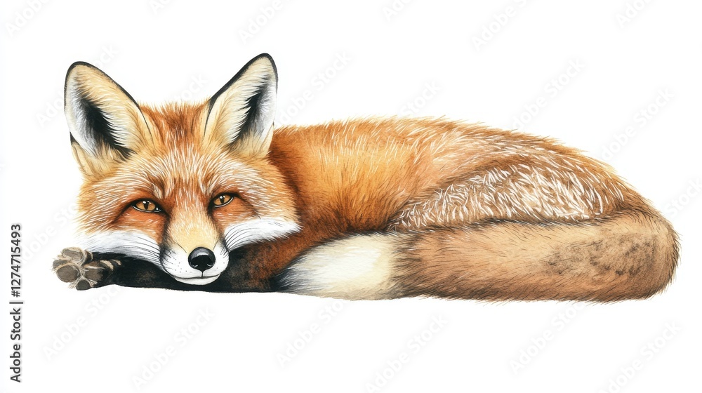 Fototapeta premium Sleeping red fox with fluffy tail and sharp ears resting peacefully on white background