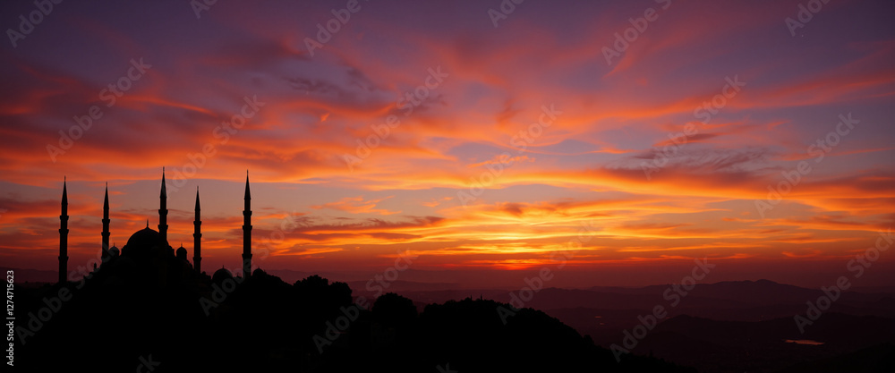 Obraz premium Silhouette of a mosque against a vibrant sunset sky with colorful clouds conveying tranquility and spirituality, representing the essence of Ramadan
