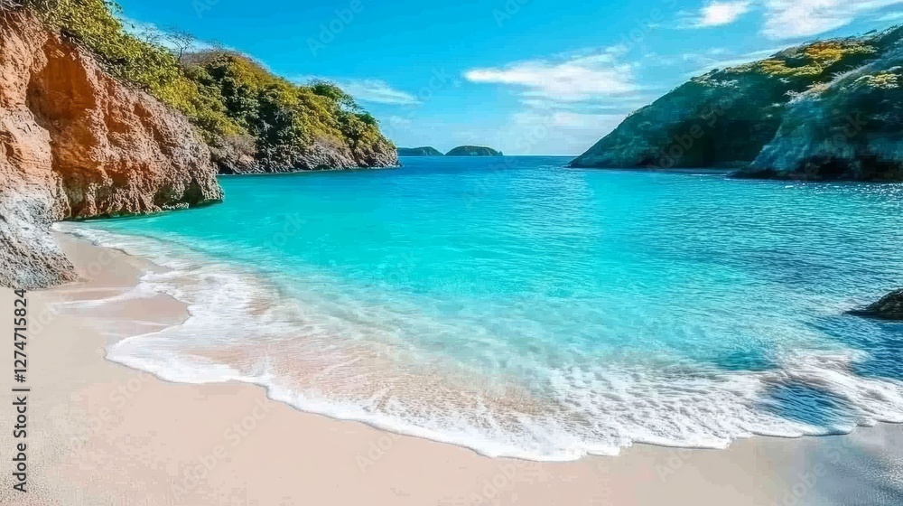 Panoramic view of a tropical island with turquoise clear water, white sandy beach, and vibrant coral reef under a bright sunny sky, paradise vacation concept. Panoramic view of a tropical island with turquoise clear water, white sandy beach, and vibrant coral reef under a bright sunny sky, paradise vacation concept.