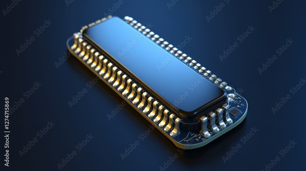 Modern microchip floating against a deep blue cyber-themed gradient. Modern microchip floating against a deep blue cyber-themed gradient.
